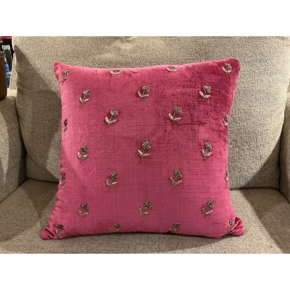 Magaschoni Home Pink Velvet Throw Pillow Silver Floral Embroidered Accent 18x18